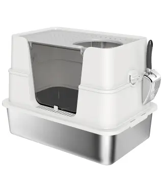 Arenero para Gatos de Acero Inoxidable XL con Tapa Abatible Laterales Altos Pala Fácil de Limpiar Antifugas Gris Claro