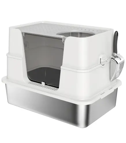 Arenero para Gatos de Acero Inoxidable XL con Tapa Abatible Laterales Altos Pala Fácil de Limpiar Antifugas Gris Claro