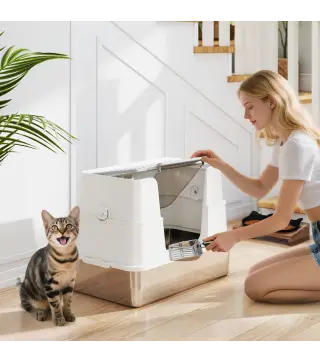 Arenero para Gatos de Acero Inoxidable XL con Tapa Abatible Laterales Altos Pala Fácil de Limpiar Antifugas Gris Claro