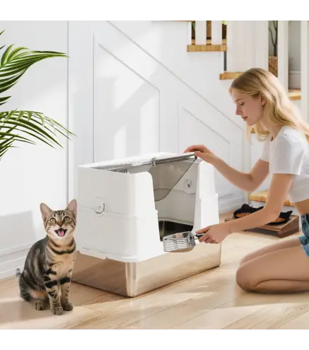 Arenero para Gatos de Acero Inoxidable XL con Tapa Abatible Laterales Altos Pala Fácil de Limpiar Antifugas Gris Claro