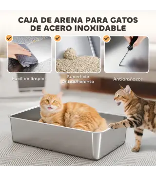 Arenero para Gatos de Acero Inoxidable XL con Tapa Abatible Laterales Altos Pala Fácil de Limpiar Antifugas Gris Claro