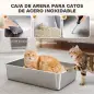 Arenero para Gatos de Acero Inoxidable XL con Tapa Abatible Laterales Altos Pala Fácil de Limpiar Antifugas Gris Claro