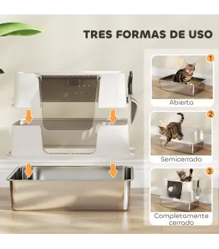 Arenero para Gatos de Acero Inoxidable XL con Tapa Abatible Laterales Altos Pala Fácil de Limpiar Antifugas Gris Claro