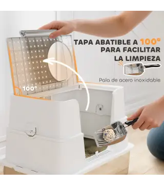 Arenero para Gatos de Acero Inoxidable XL con Tapa Abatible Laterales Altos Pala Fácil de Limpiar Antifugas Gris Claro