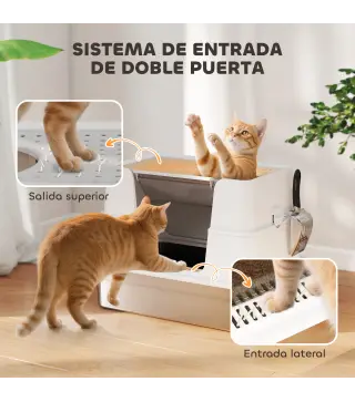 Arenero para Gatos de Acero Inoxidable XL con Tapa Abatible Laterales Altos Pala Fácil de Limpiar Antifugas Gris Claro