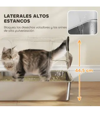 Arenero para Gatos de Acero Inoxidable XL con Tapa Abatible Laterales Altos Pala Fácil de Limpiar Antifugas Gris Claro