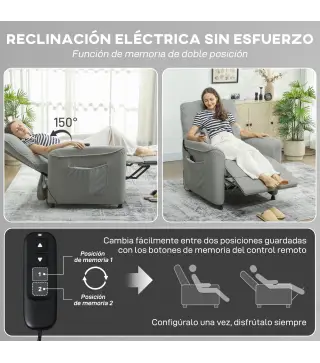 Sillón Relax Reclinable Eléctrico con Calor Lumbar Masaje Vibración Motor Silencioso Función de Memoria Gris Oscuro