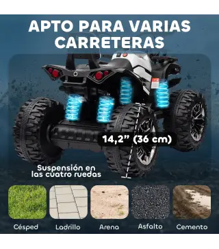 Quad Eléctrico para Niños 12V Quad para Niños de 3–5 Años con 2 Motores Velocidad 3–8 km/h Música Faros LED USB Blanco