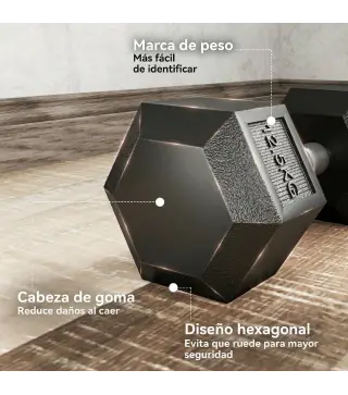 Set de 2 Mancuernas Hexagonales de 2 x 12,5 kg de Hierro Fundido Recubiertas en Goma para Entrenamiento en Casa Gimnasio