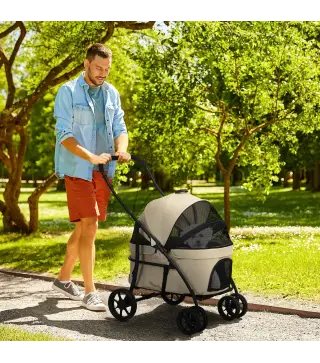 Carrito para Perros Plegable Cochecito para Mascotas con 2 Correas de Seguridad Cojín y Marco de Acero Caqui