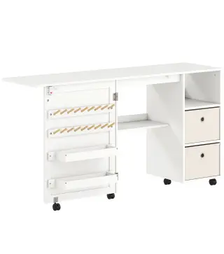 Mesa de Costura Plegable con 6 Ruedas 18 Clavijas 2 Cajones y 3 Compartimentos Blanco
