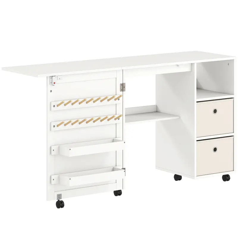 Mesa de Costura Plegable con 6 Ruedas 18 Clavijas 2 Cajones y 3 Compartimentos Blanco