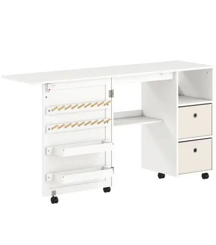 Mesa de Costura Plegable con 6 Ruedas 18 Clavijas 2 Cajones y 3 Compartimentos Blanco
