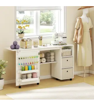 Mesa de Costura Plegable con 6 Ruedas 18 Clavijas 2 Cajones y 3 Compartimentos Blanco