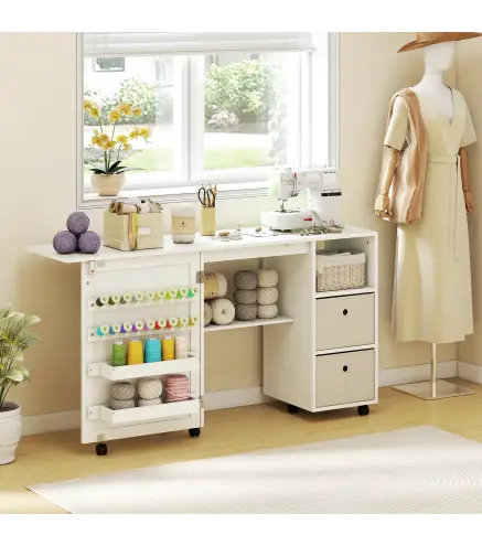 Mesa de Costura Plegable con 6 Ruedas 18 Clavijas 2 Cajones y 3 Compartimentos Blanco