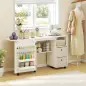 Mesa de Costura Plegable con 6 Ruedas 18 Clavijas 2 Cajones y 3 Compartimentos Blanco