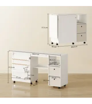 Mesa de Costura Plegable con 6 Ruedas 18 Clavijas 2 Cajones y 3 Compartimentos Blanco