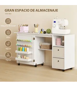 Mesa de Costura Plegable con 6 Ruedas 18 Clavijas 2 Cajones y 3 Compartimentos Blanco