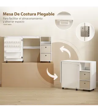 Mesa de Costura Plegable con 6 Ruedas 18 Clavijas 2 Cajones y 3 Compartimentos Blanco