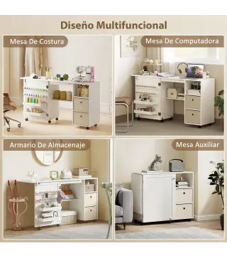 Mesa de Costura Plegable con 6 Ruedas 18 Clavijas 2 Cajones y 3 Compartimentos Blanco