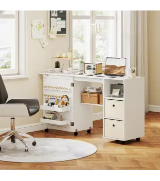 Mesa de Costura Plegable con 6 Ruedas 18 Clavijas 2 Cajones y 3 Compartimentos Blanco