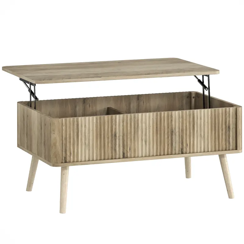 Mesa de Centro Elevable con Compartimentos Ocultos de Almacenaje y Patas de Pino para Salón Comedor 91x56x43 cm Roble