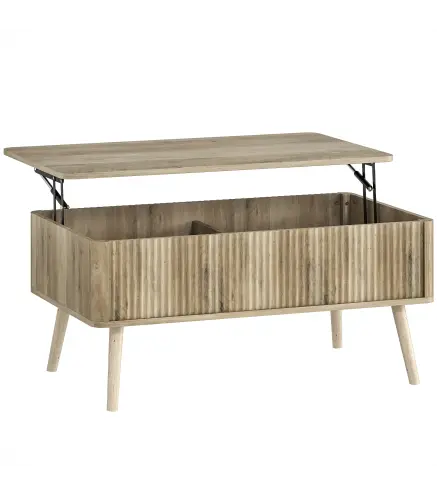 Mesa de Centro Elevable con Compartimentos Ocultos de Almacenaje y Patas de Pino para Salón Comedor 91x56x43 cm Roble