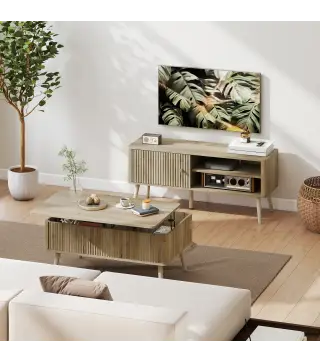 Mesa de Centro Elevable con Compartimentos Ocultos de Almacenaje y Patas de Pino para Salón Comedor 91x56x43 cm Roble