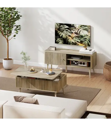 Mesa de Centro Elevable con Compartimentos Ocultos de Almacenaje y Patas de Pino para Salón Comedor 91x56x43 cm Roble