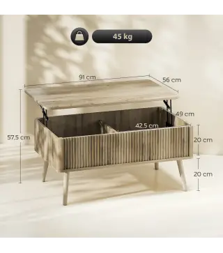 Mesa de Centro Elevable con Compartimentos Ocultos de Almacenaje y Patas de Pino para Salón Comedor 91x56x43 cm Roble