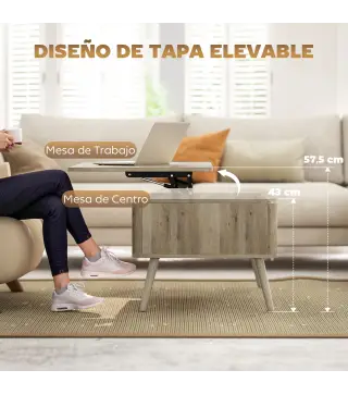 Mesa de Centro Elevable con Compartimentos Ocultos de Almacenaje y Patas de Pino para Salón Comedor 91x56x43 cm Roble