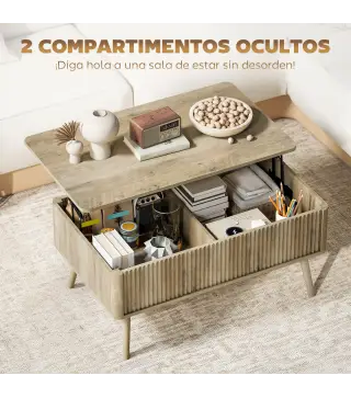 Mesa de Centro Elevable con Compartimentos Ocultos de Almacenaje y Patas de Pino para Salón Comedor 91x56x43 cm Roble
