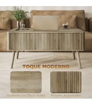 Mesa de Centro Elevable con Compartimentos Ocultos de Almacenaje y Patas de Pino para Salón Comedor 91x56x43 cm Roble