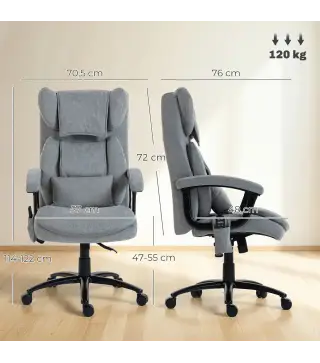 Silla de Oficina con Masaje de Amasamiento de 4 Puntos Respaldo Alto Altura Ajustable Asiento Amplio Cojín Lumbar Gris
