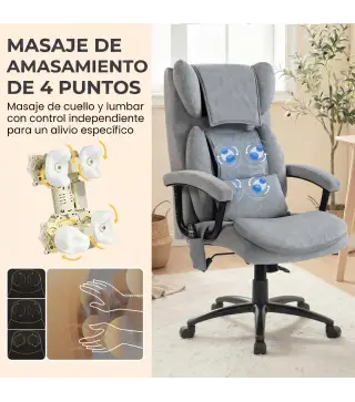 Silla de Oficina con Masaje de Amasamiento de 4 Puntos Respaldo Alto Altura Ajustable Asiento Amplio Cojín Lumbar Gris