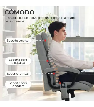 Silla de Oficina con Masaje de Amasamiento de 4 Puntos Respaldo Alto Altura Ajustable Asiento Amplio Cojín Lumbar Gris