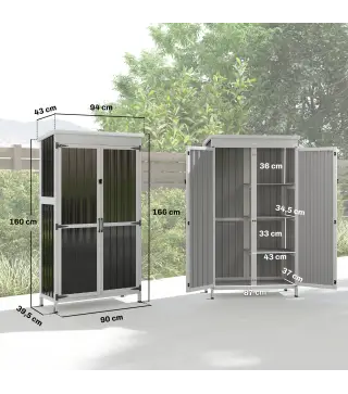 Caseta de Jardín de Madera y Acero 94x43x166 cm Armario para Herramientas con 2 Estantes Ajuatables y 2 Puertas Negro