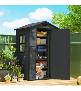 Cobertizo de Jardín Exterior 1,09 m² 128x104x196 cm con Suelo Puerta con Cerradura Ventana y Ventilación Gris Oscuro