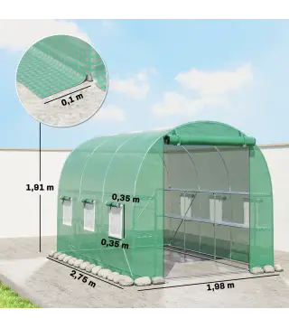 Invernadero de Exterior 2,8x2x1,9 m con Estantes Invernadero de Túnel con Puerta Enrollable 6 Ventanas de Malla Verde