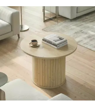 Mesa de Centro Redonda con Base de Columna con Listones para Sala de Estar Dormitorio Ø60x40 cm Natural