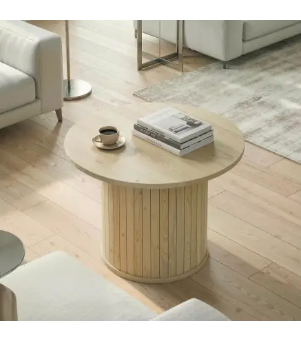 Mesa de Centro Redonda con Base de Columna con Listones para Sala de Estar Dormitorio Ø60x40 cm Natural