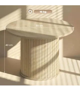 Mesa de Centro Redonda con Base de Columna con Listones para Sala de Estar Dormitorio Ø60x40 cm Natural