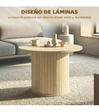 Mesa de Centro Redonda con Base de Columna con Listones para Sala de Estar Dormitorio Ø60x40 cm Natural