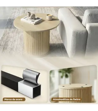 Mesa de Centro Redonda con Base de Columna con Listones para Sala de Estar Dormitorio Ø60x40 cm Natural