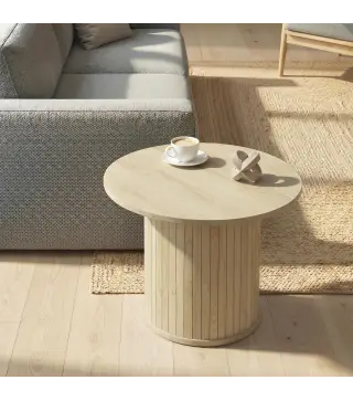 Mesa de Centro Redonda con Base de Columna con Listones para Sala de Estar Dormitorio Ø60x40 cm Natural