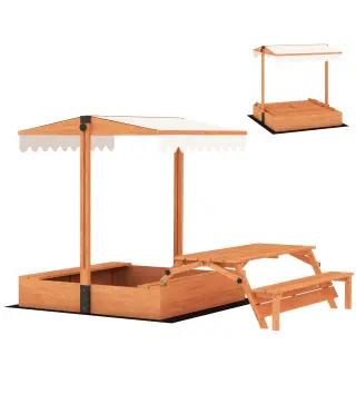 Arenero para Niños de Madera con Toldo Ajustable Mesa de Picnic con Bancos 6 Niños de 3-8 Años 184x110x120 cm Marrón