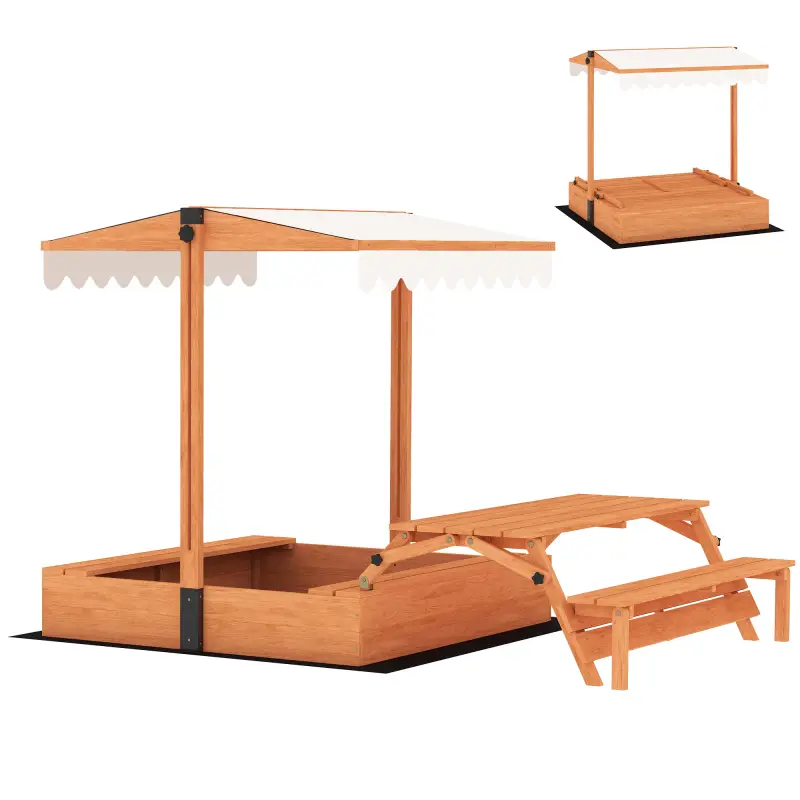 Arenero para Niños de Madera con Toldo Ajustable Mesa de Picnic con Bancos 6 Niños de 3-8 Años 184x110x120 cm Marrón