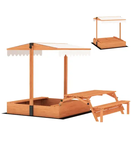 Arenero para Niños de Madera con Toldo Ajustable Mesa de Picnic con Bancos 6 Niños de 3-8 Años 184x110x120 cm Marrón