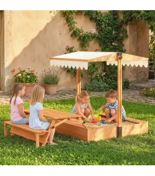 Arenero para Niños de Madera con Toldo Ajustable Mesa de Picnic con Bancos 6 Niños de 3-8 Años 184x110x120 cm Marrón