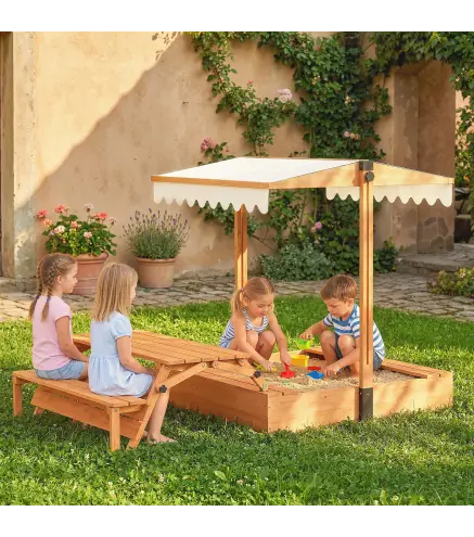 Arenero para Niños de Madera con Toldo Ajustable Mesa de Picnic con Bancos 6 Niños de 3-8 Años 184x110x120 cm Marrón